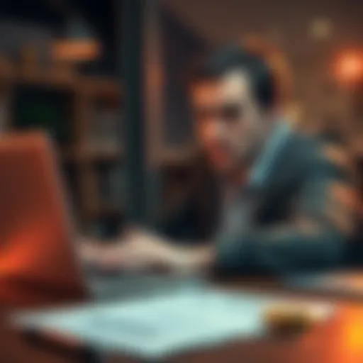 A person looking concerned while reviewing cryptocurrency losses on a laptop, with tax documents nearby.