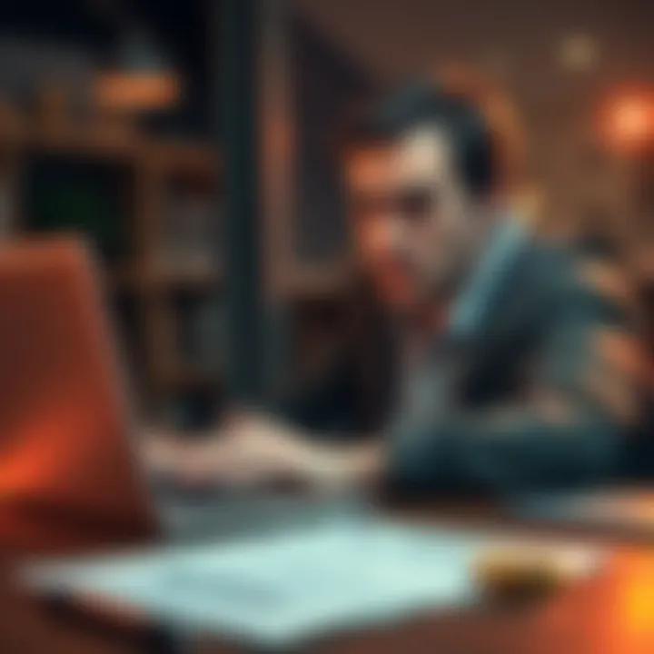 A person looking concerned while reviewing cryptocurrency losses on a laptop, with tax documents nearby.