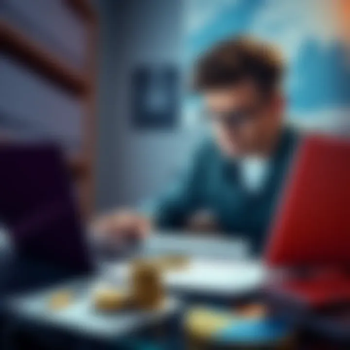 Crypto Loss Reporting A worried investor analyzing cryptocurrency losses on a laptop, surrounded by tax documents.