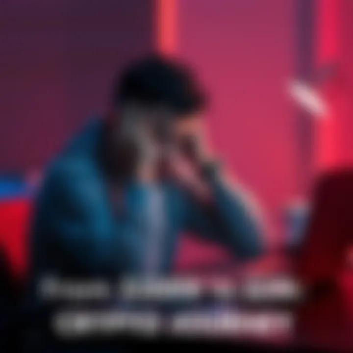 Individual looking distressed while sitting at a desk with a laptop showing declining crypto charts