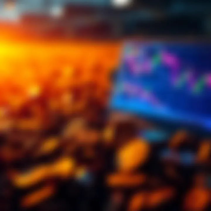 A comparison of liquidity pool farming and day trading in cryptocurrency, showing graphs and coins