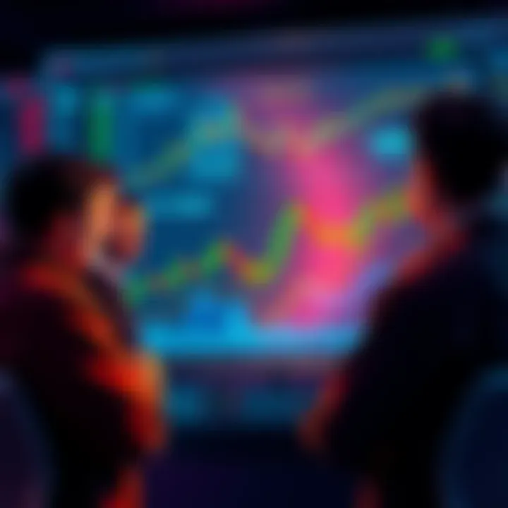 Crypto Market Analysis A group of people discussing cryptocurrency trends, looking at charts and graphs on a screen, showing various price movements.