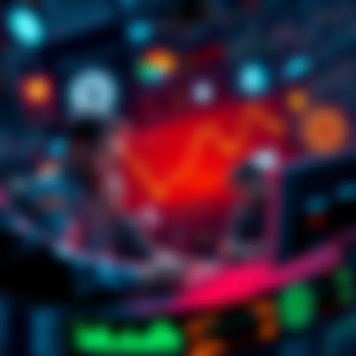 Crypto Market Anticipation A dramatic depiction of traders analyzing charts and graphs, surrounded by a digital representation of cryptocurrency logos, capturing the tension and excitement of market openings on a Monday.