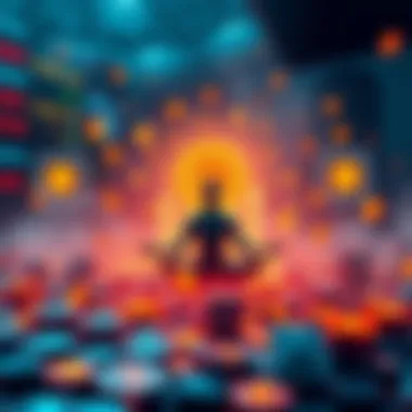 A peaceful scene with a person meditating surrounded by cryptocurrency symbols, symbolizing calmness during market fluctuations.