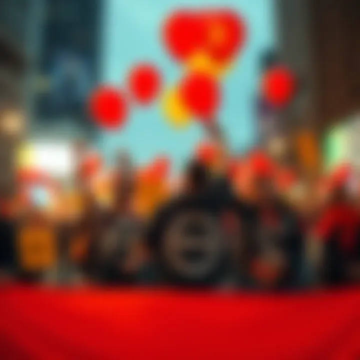 A group of people celebrating in a parade with anti-crypto signs and balloons, symbolizing peak negativity in the market.