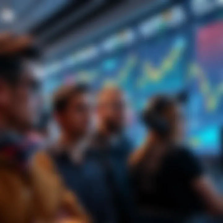 A group of people staring at fluctuating cryptocurrency price charts on screens, expressing confusion and uncertainty about the market.