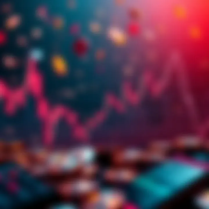 A graph showing a steep decline in cryptocurrency prices with falling coins in the background