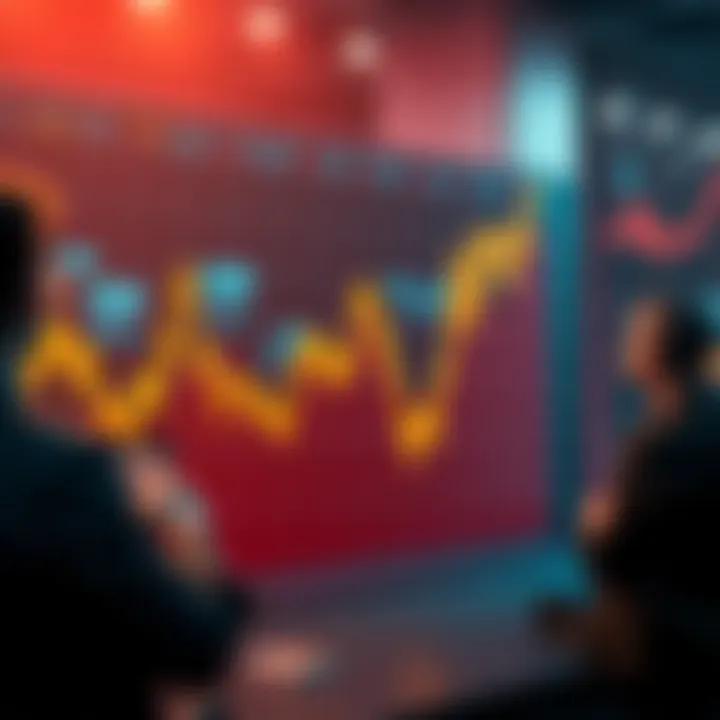 A graph showing a sharp decline in cryptocurrency values with worried investors looking on.