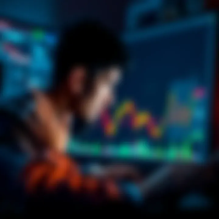 A graphic showing a downward trend in crypto prices with a worried investor looking at charts on a computer screen.