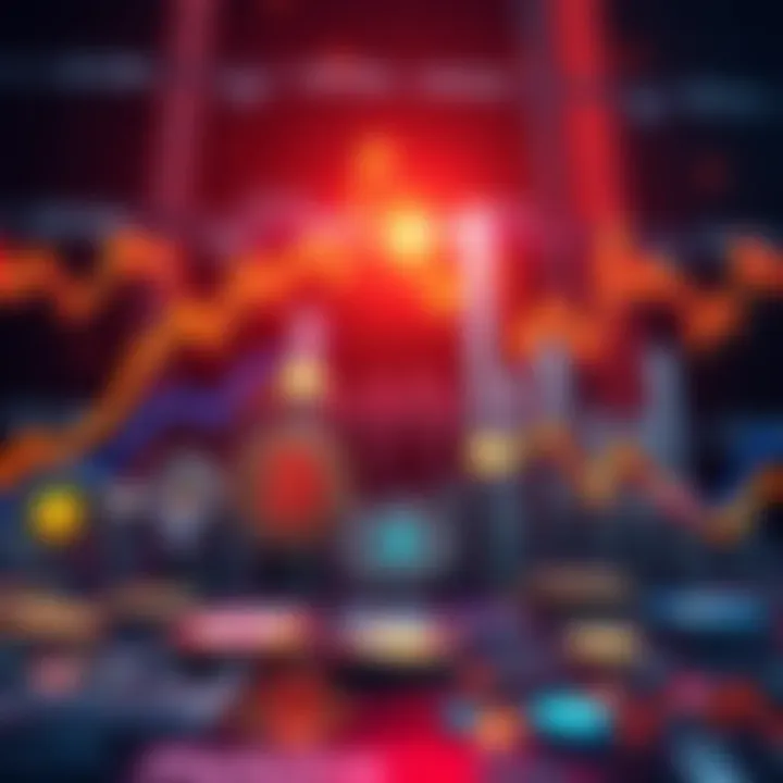 A graphic showing a downward trend in cryptocurrency prices with symbols of popular cryptocurrencies