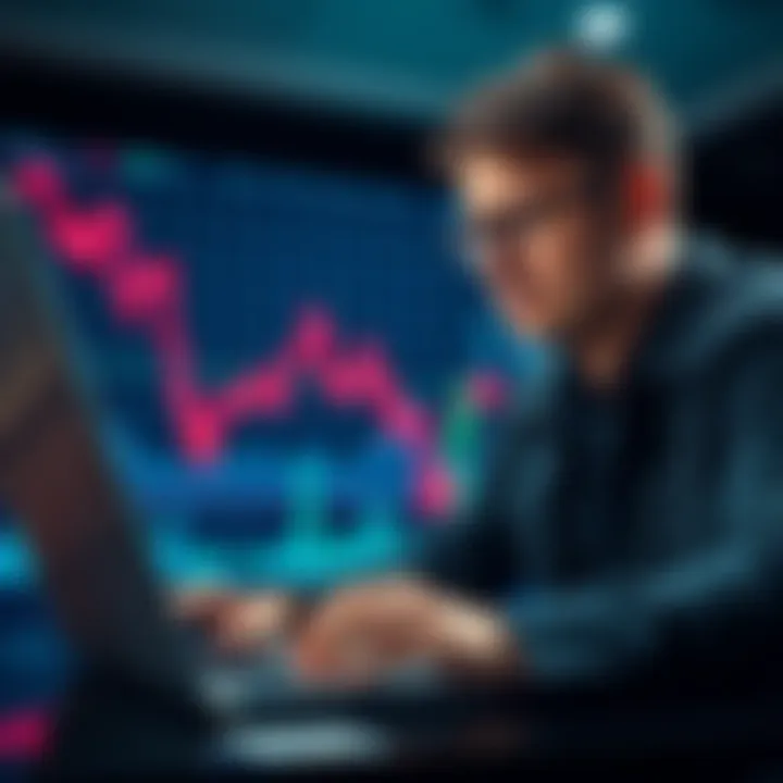 Graph showing declining prices of Bitcoin and Ethereum with a stressed investor looking at a laptop
