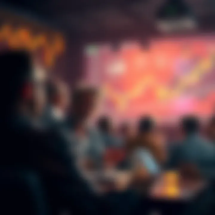A group of people engaging in a lively discussion about cryptocurrencies, with charts and graphs showing market trends in the background.