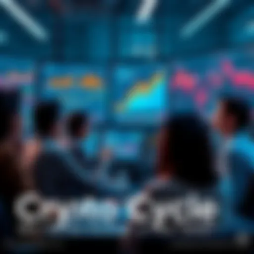 A diverse group of people analyzing charts and trends on digital screens, debating the future of cryptocurrency cycles.