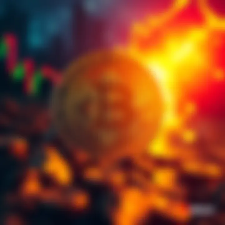 Visual representation of a crashing Bitcoin with graphs showing declines, symbolizing the turmoil in the cryptocurrency market.