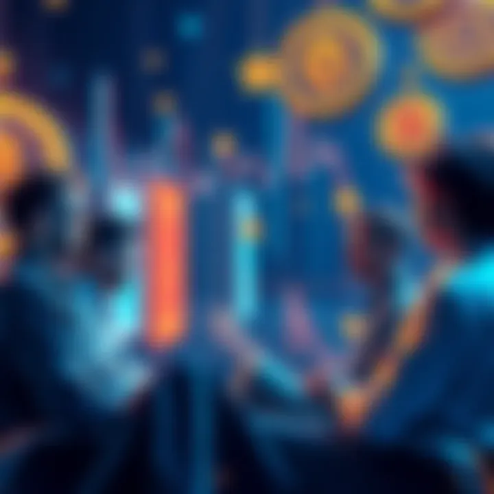 A visual representation of the shift in the cryptocurrency market, showing people engaged in discussions about sustainable projects over quick profits, with digital coins in the background.