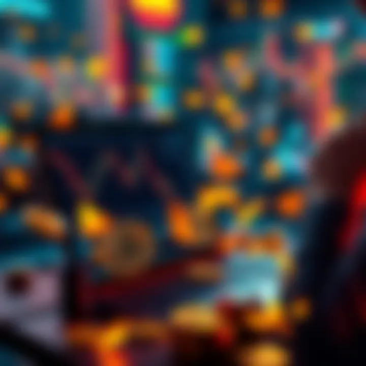 A person looking at cryptocurrency charts on a laptop with digital coins surrounding them, showing excitement and concern about the market's direction.