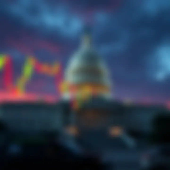 A graph showing cryptocurrency prices dropping during a government shutdown, with a backdrop of a government building, symbolizing political instability