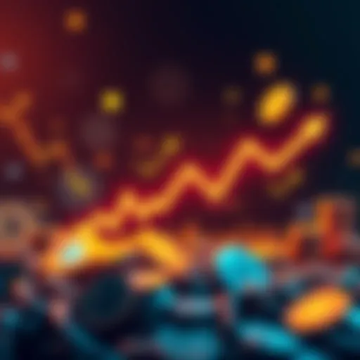 Cryptocurrency Market Growth A graph showing the cyclical rise and fall of cryptocurrency values, with arrows indicating upward trends and market dips, surrounded by icons of coins and bullish sentiments.