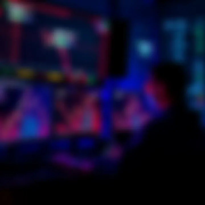 A person analyzing cryptocurrency trends on a computer while charts and graphs display market fluctuations in the background.