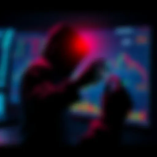 A shadowy figure manipulating cryptocurrency charts on a screen, representing the dark side of crypto finance.