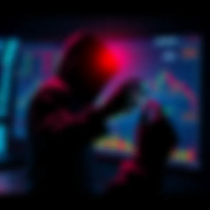 A shadowy figure manipulating cryptocurrency charts on a screen, representing the dark side of crypto finance.