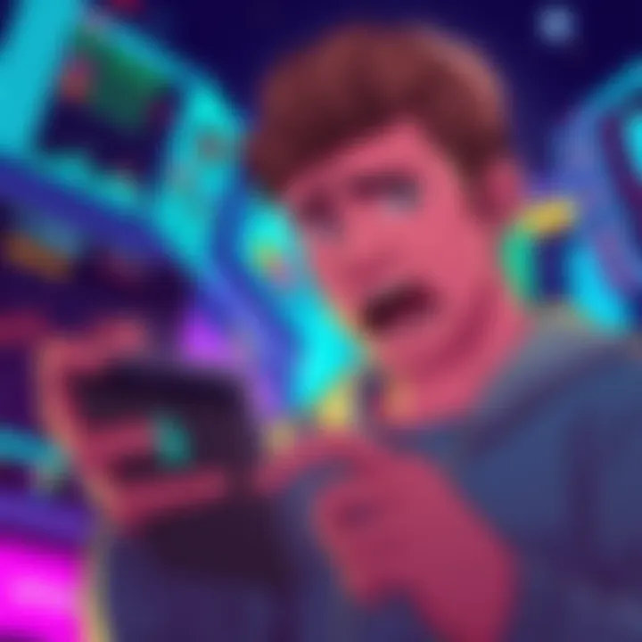 Illustration of a person looking worried while checking cryptocurrency prices on a smartphone, reflecting market fear.