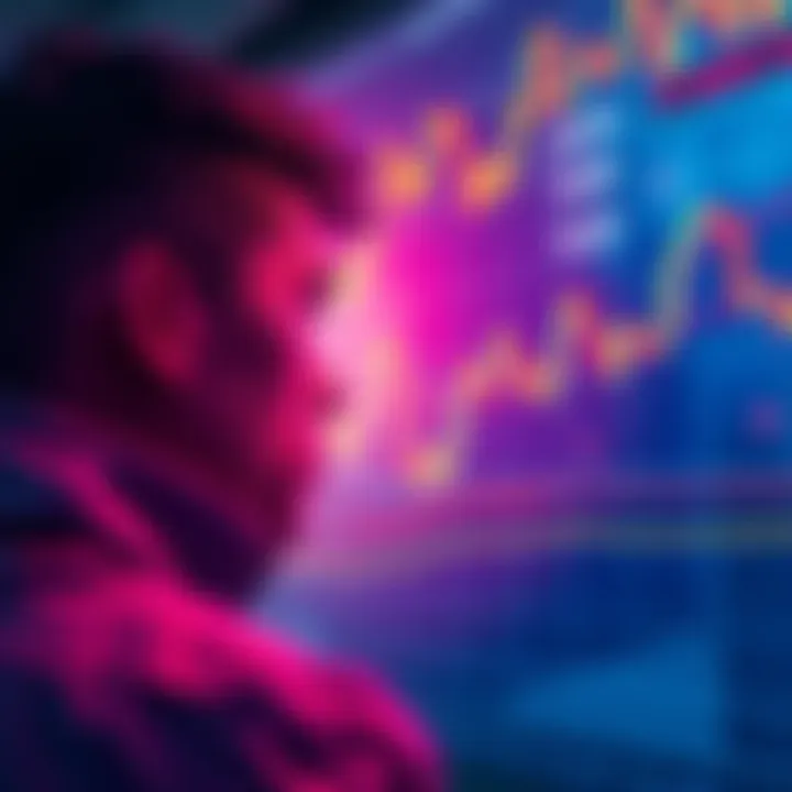 A person looking at a cryptocurrency chart displaying fluctuating prices, indicating uncertainty about future trends.