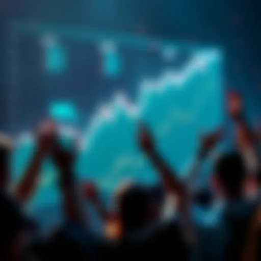 A graph showing an upward trend in cryptocurrency prices with excited investors in the background.