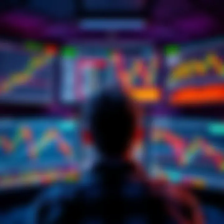 A person looking worried while monitoring cryptocurrency charts on multiple screens, with graphs showing fluctuating prices, symbolizing FOMO in the market.