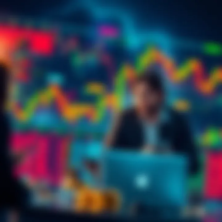 Market Reaction to Cryptocurrency Trends A visualization of the cryptocurrency market with fluctuating charts and frustrated investors analyzing trends.
