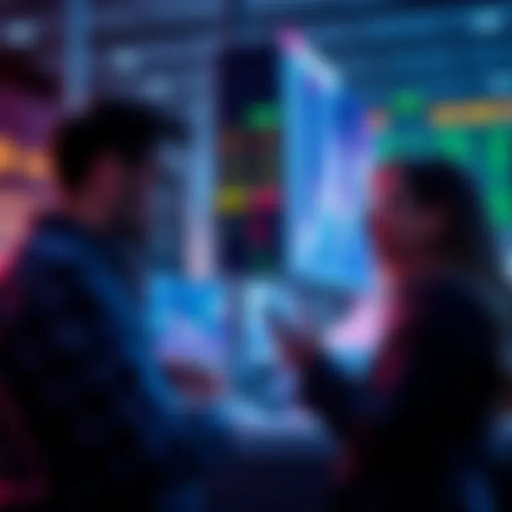 Crypto Market Reflection Investors looking at a graph showing the crypto boom of 2021, expressing mixed emotions about current market trends.