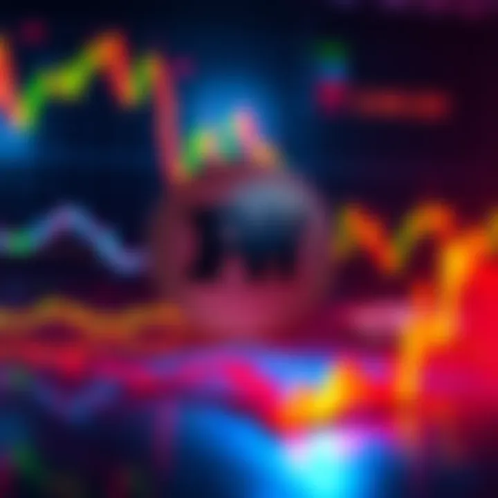 A digital representation of cryptocurrency market trends, focusing on the contrasting performance of RAWW coin against a backdrop of declining market graphs.