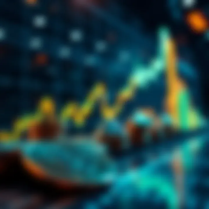 Graph showing a significant increase in cryptocurrency values with digital coins in the foreground