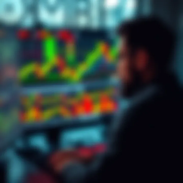 Cryptocurrency Market Sentiment A trader analyzing cryptocurrency charts on a computer screen, showing a mix of green and red indicators, symbolizing market fluctuations and community discussions.