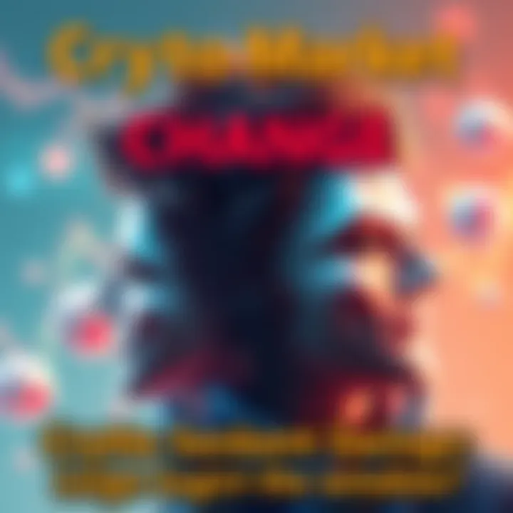 A visual representation of fluctuating emotions in the cryptocurrency market, showing a bullish trend turning into a bearish one, with mood indicators like happy and sad faces.