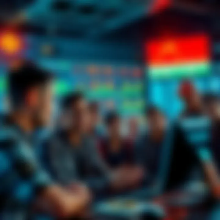 Cryptocurrency Market Shift A group of casual gamblers crowded around a computer screen showing fluctuating cryptocurrency prices, looking excited and confused.