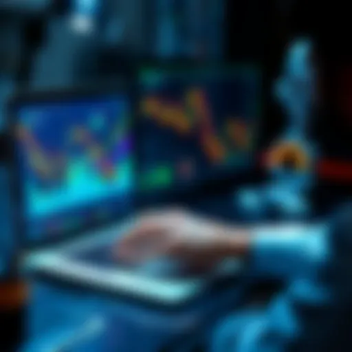 A person analyzing cryptocurrency trends on a laptop with charts and graphs displayed, focused on investment strategies for Bitcoin and the market.