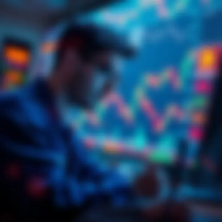 A trader analyzing market charts with cryptocurrency symbols and trends in the background