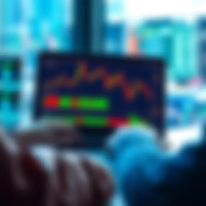 A person analyzing cryptocurrency trading data on a laptop, with graphs and charts showing volume fluctuations on the screen.
