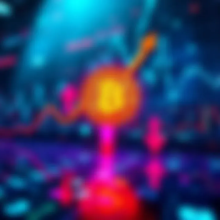 Cryptocurrency Market Trends A visual representation of cryptocurrency trends with upward and downward arrows, a Bitcoin symbol, and digital graphs