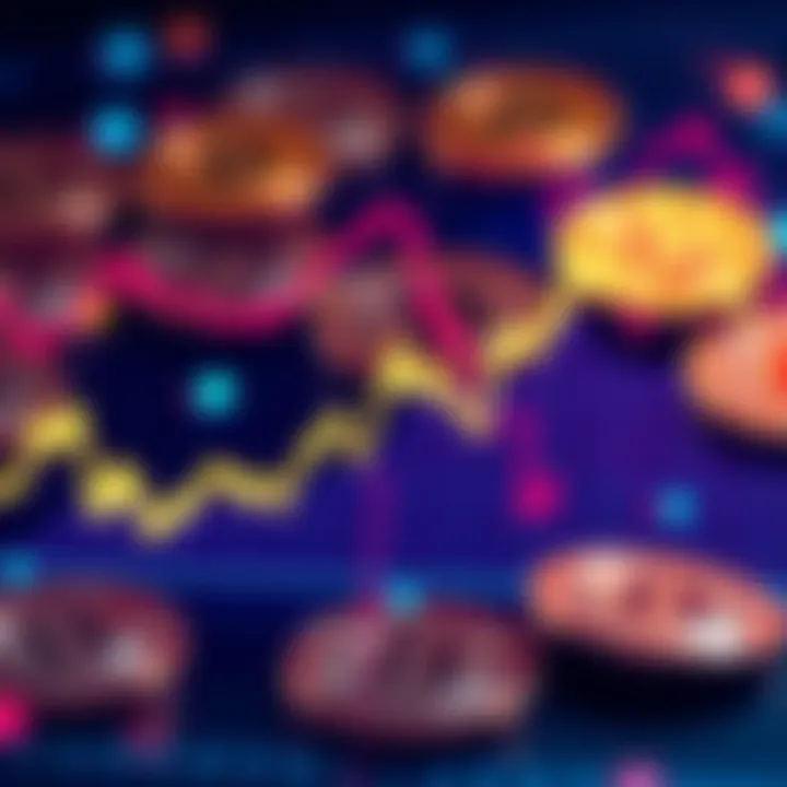 Graph showing trends in cryptocurrency values with digital coins in the background