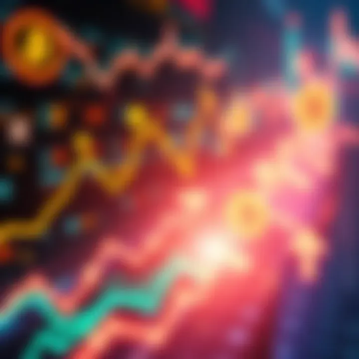 A graphic showing market trends with cryptocurrency symbols and arrows indicating consolidation