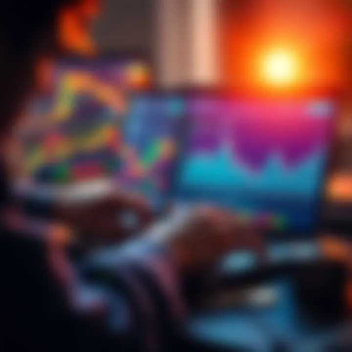 Crypto Market Trends A person examining cryptocurrency charts on a laptop with graphs and digital coins displayed.