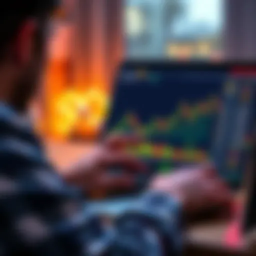 A person looking at fluctuating cryptocurrency charts on a laptop, showing highs and lows of market prices.