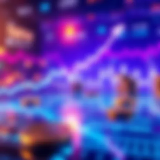Graph showing cryptocurrency price fluctuations with an upward trend and digital coins in the background