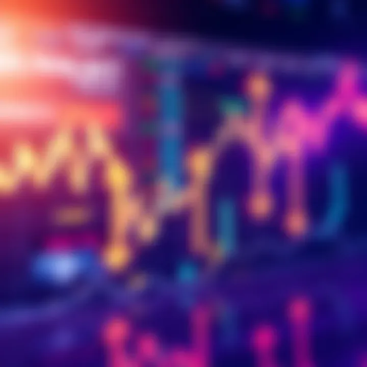 A chart displaying fluctuating cryptocurrency prices with upward and downward arrows, showing market changes.