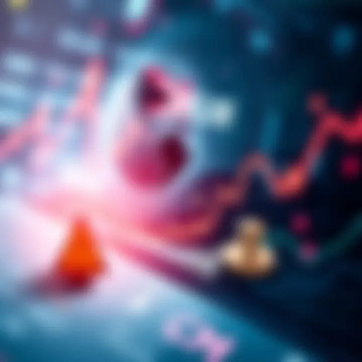 Crypto Market Trends A graphic showing fluctuating cryptocurrency prices with a downward trend line and caution symbols, illustrating market volatility.