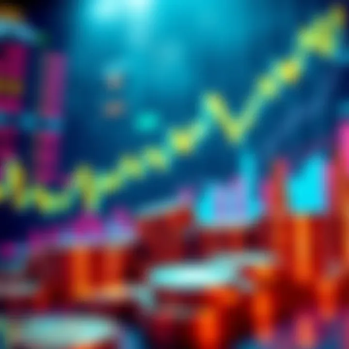 A visual representation of stagnant cryptocurrency trends over the last decade with graphs and coins