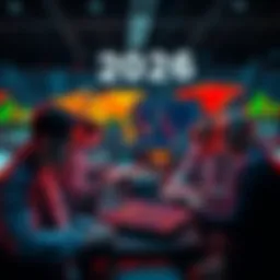 Crypto Market Trends 2026 A group of people analyzing cryptocurrency charts and graphs on digital devices, with global events displayed in the background.