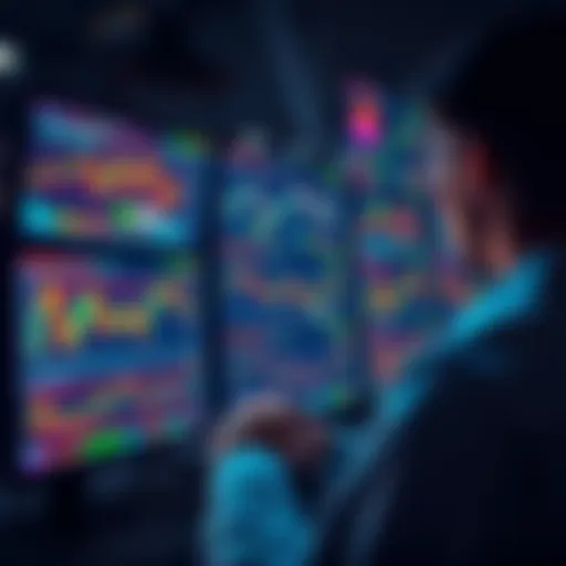 Crypto Market Updates A person analyzing cryptocurrency prices on multiple screens with graphs and charts showing market trends and opportunities.